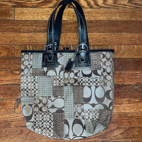 Coach Patchwork Canvas Tote with patent leather handles tag also silver hardware - Picture 1 of 7